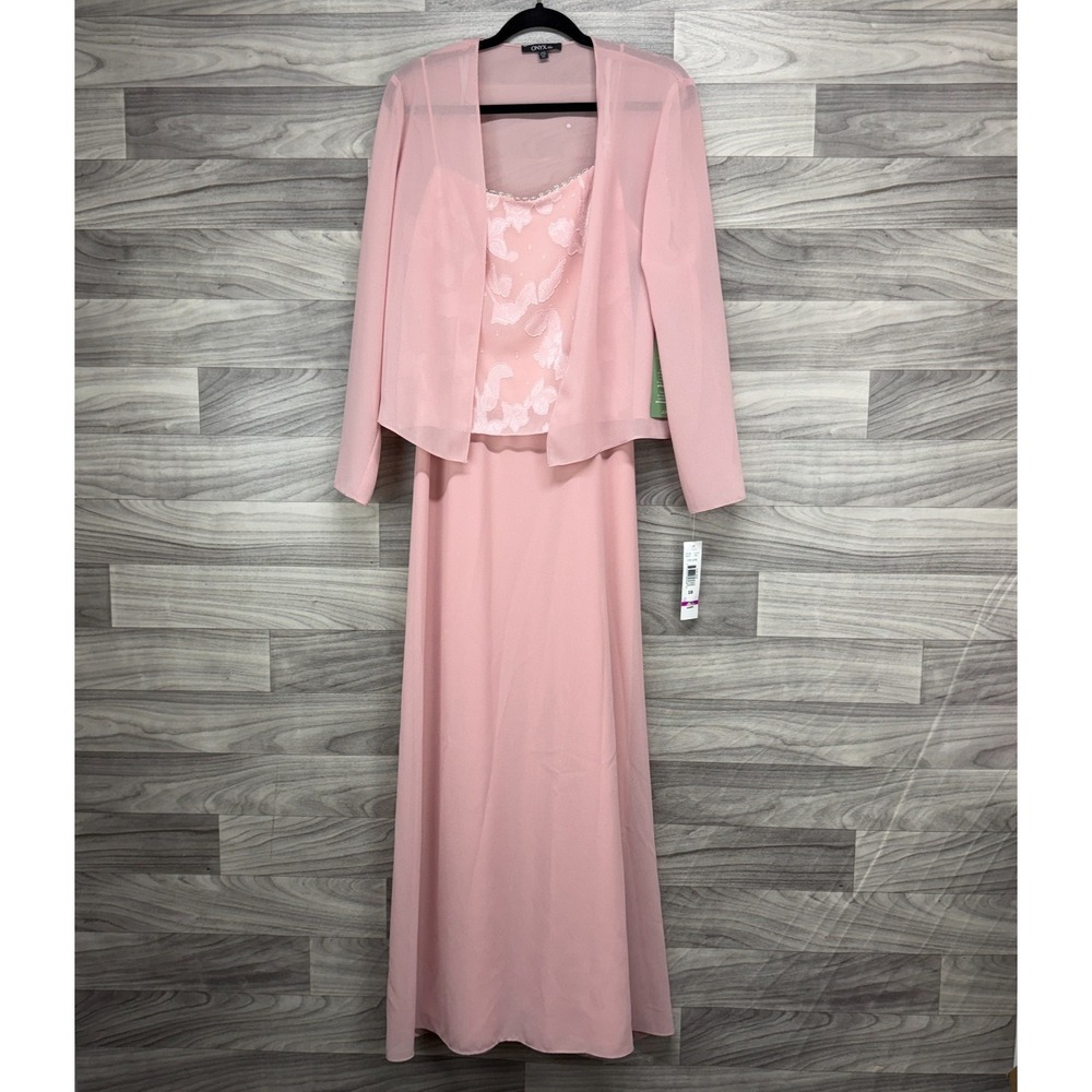 Onyx Nite Maxi‎ Jacket Dress Women 10 Pink Sheer Cocktail Evening Wedding Mother